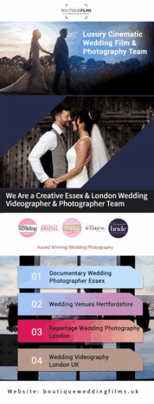 a poster for boutique wedding films shows a bride and groom holding hands