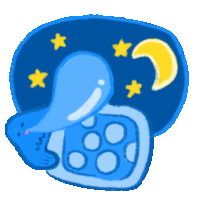 a cartoon drawing of a blue object with a crescent moon and stars in the background