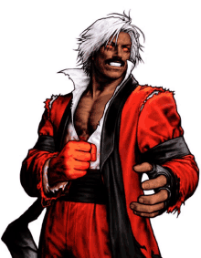 a man with white hair and red gloves is wearing a red coat