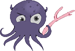 a purple octopus is holding a pink toothbrush in its mouth .