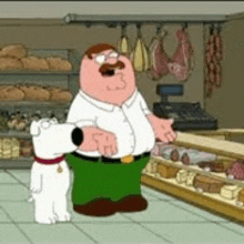 peter griffin standing next to a dog in a store