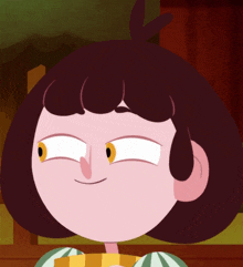 a close up of a cartoon character with brown hair