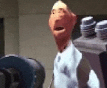 a cartoon character is standing in front of a machine in a room with his mouth open .