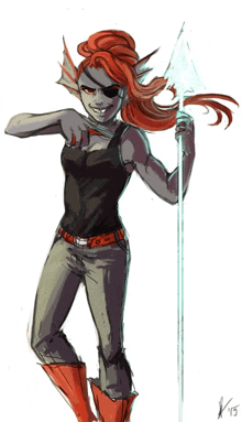 a drawing of a woman with red hair and a spear with the letters k15 on the bottom right