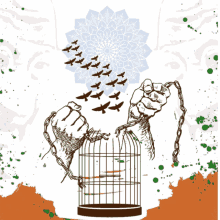 a drawing of a person holding a cage with birds flying out of it