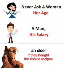 a cartoon of alf says never ask a woman her age a man his salary and an elder if they bought the cookie