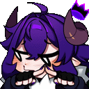 a cartoon character with purple hair and horns is wearing sunglasses and a crown .