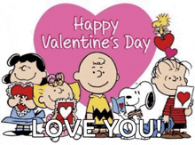 a happy valentine 's day greeting card with snoopy , charlie brown , lucy , and woodstock