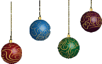 four different colored christmas ornaments are hanging from a chain