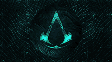 a glowing assassin 's creed logo on a black background