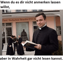 a priest is holding a book in front of a building that says theol. hochschule benedikt xvi. he