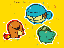 a drawing of three pokemon with the words " kawaii desu !!! " below them