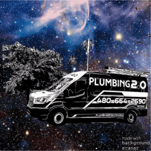 a black and white van with plumbing 2.0 on the side