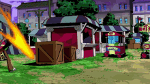 a cartoon scene with a popcorn cart and a sign that says cr