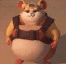 a fat hamster wearing a vest is standing on the ground .