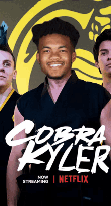 a poster for cobra kyler shows a man in a black karate uniform