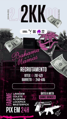 an advertisement for bahama mamas recruitment with guns and money