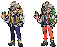 a pixel art of a person with a backpack holding an apple and a strawberry .