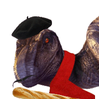 a snake wearing a black beret and a red scarf holds a loaf of bread