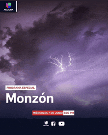 a purple sky with lightning and the words monzon