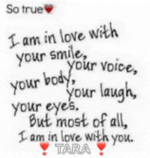 a quote from tara that says i am in love with your smile