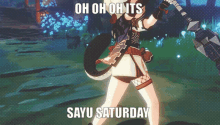 a picture of a girl with a cow hood and the words oh oh oh its sayu saturday