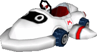 a white cartoon car with a red seat and a m on it