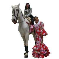 a woman riding a white horse next to a woman in a red dress