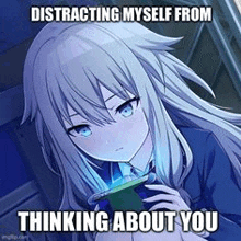 a girl with long hair and blue eyes is looking at her phone .