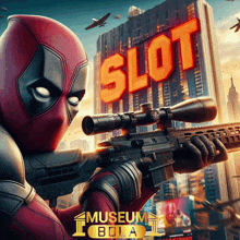 deadpool holding a rifle in front of a slot sign