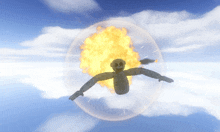 a cartoon character is flying through a bubble with a fireball behind it