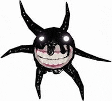 a cartoon drawing of a monster with horns and a smiling face .