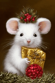 a white mouse with a crown on its head is holding a gift box and a red ball .