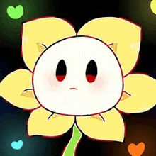 a cartoon drawing of a flower with a face and hearts surrounding it .