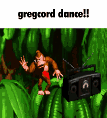 donkey kong is dancing next to a boombox in a video game called gregcord dance