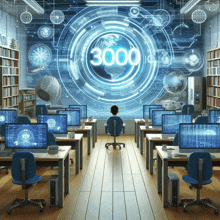 a boy sits in front of a screen that says 3000 on it