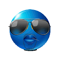 a blue smiley face with sunglasses and a cigarette in its mouth