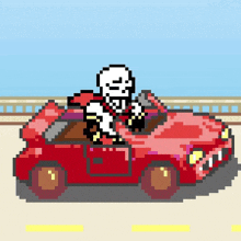 papyrus is driving a red car in a pixel art style .