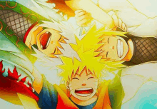 naruto and jiraiya are holding hands and laughing together in a painting .