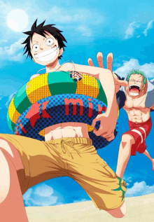 luffy and zoro are playing on the beach and luffy is carrying a life preserver that says mi