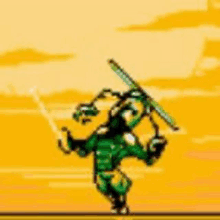 a pixel art of a ninja holding a sword in his hands .