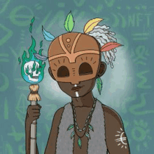 a cartoon of a man wearing a mask and feathers holding a torch .