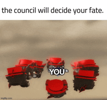 a meme that says the council will decide your fate with red hats