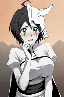 a black and white anime character with green eyes and a white mask on her head