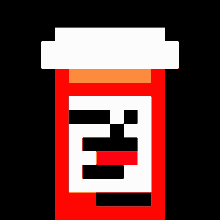 a pixel art illustration of a bottle of pills with a smiling face .