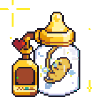 a pixel art illustration of a baby bottle with a baby inside of it .