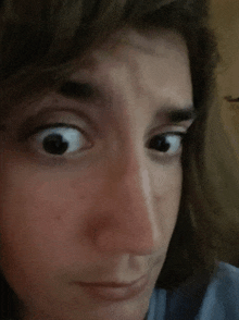 a close up of a person 's face with a surprised look on her face