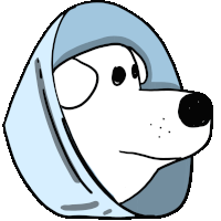 a cartoon drawing of a dog wearing a blue scarf around its head