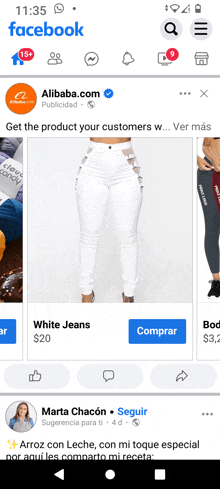 a screenshot of a facebook page with an ad for white jeans on it