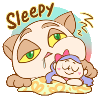 a cartoon drawing of a cat sleeping next to a little girl with the word sleepy above it